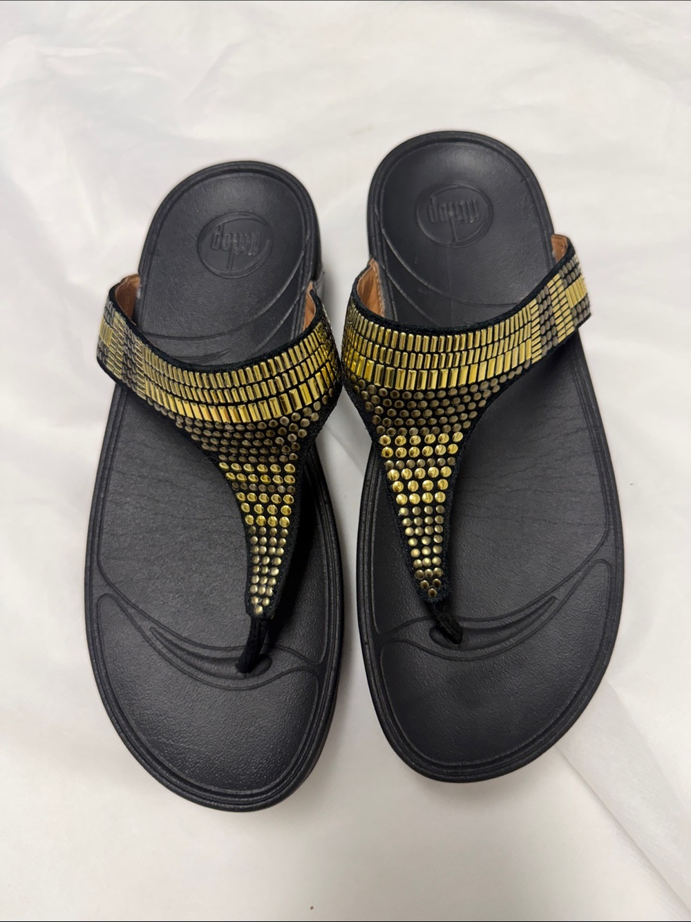 Fitflop Black Thong Sandals with Gold Bead Embellishments
